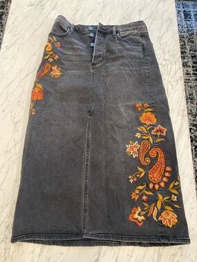 DRIFTWOOD Black Denim Midi Skirt with Orange & Yellow Paisley Embroidery